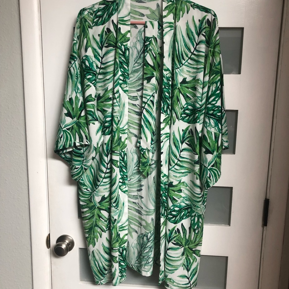Green Tropical Leaf Print Kimono